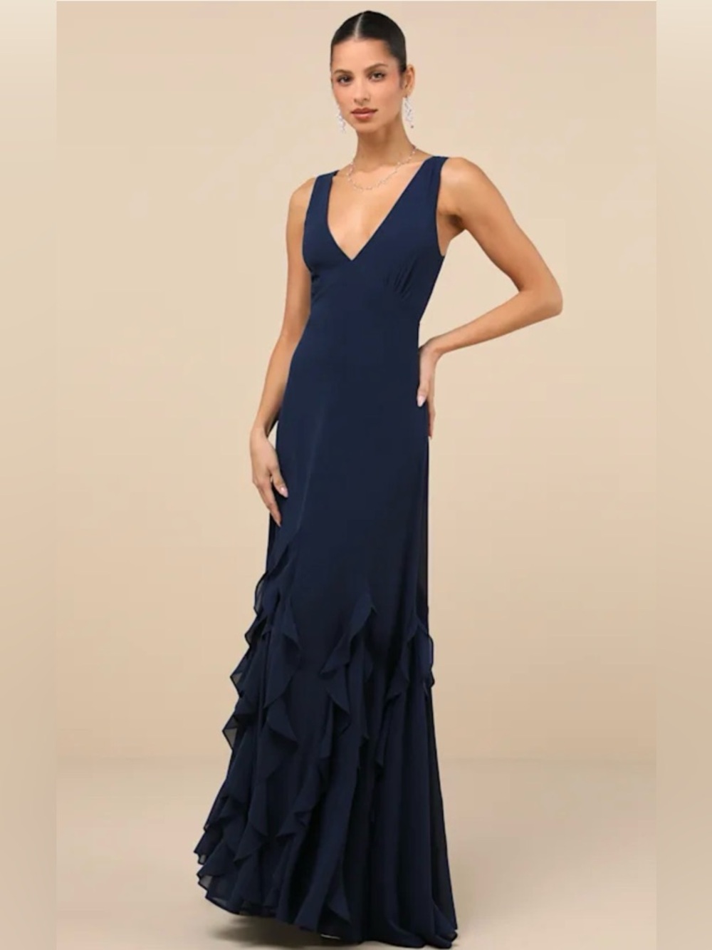Lulus Alorna Dark Navy Sleeveless Ruffled Maxi Dress L NWT